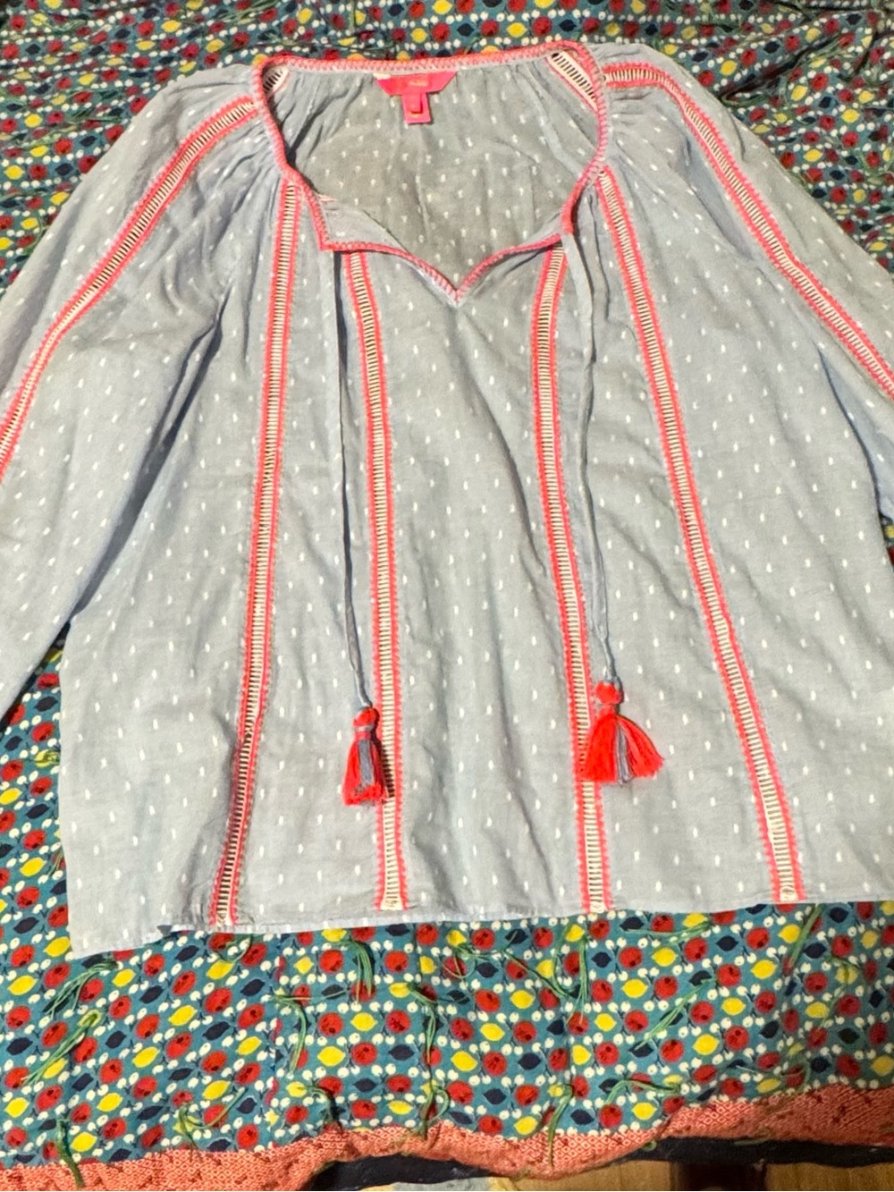 Lilly Pulitzer Light Blue Peasant Tunic with Coral Trim